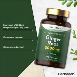 Ginger Capsules 3000mg | 200 High Strength Powder Capsules | Zingiber Officinale Natural Supplement | by Horbaach