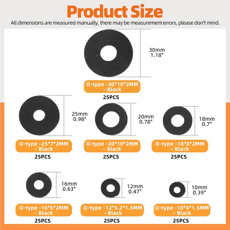 Tanstic 175Pcs 7 Sizes Black Flat Rubber Washers Assortment Kit,