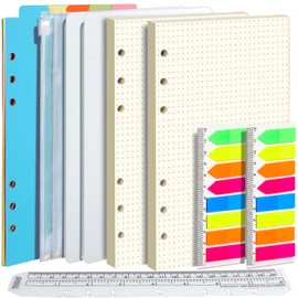 FANDAMEI A5 Paper Dotted Refill Papers Set, 6 Holes A5 Dotted Refillable Note Paper 90 Sheets, 7 Pieces Dividers A5, 320 Pieces Sticky Notes, 1 Piece Envelope Bag, 20 cm Ruler A5