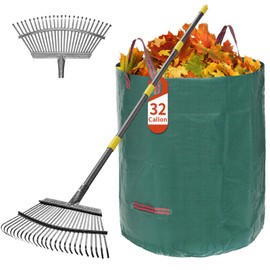 Vorhomness Garden Leaf Rake Set with 25 Tines, Heavy Duty Metal Rake for Leave (Adjustable 73" Long, 18" Wide) with 32 Gallon Reusable Leaf Bag, Ideal for Yard Lawn Shrub Gardening