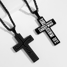 Gnamy Faith Cross Necklace for Men Male Him Teen Teenage Teenager Boys Kids, Stainless Steel Cross Pendant Chain Jewelry, Bible Verse Inspirational Christian Religious Gifts, Black Philippians 4:13