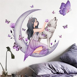 HOTIYOK Purple Flower Butterfly Wolf Girl Sitting on Moon Wall Sticker Decor DIY Wallpaper Wall Sticker Removable Boys Girls Bedroom Kids Room Wall Paper Art Nursery Removable Wall Sticker Decoration