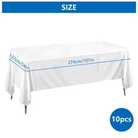 Pack of 10 Disposable Tablecloths, White, Plastic Tablecloths, 137 x 274 cm, Disposable Tablecloths, Waterproof, Rectangular Tablecloths, Waterproof Tablecloths for Birthday, Party, Wedding, Christmas