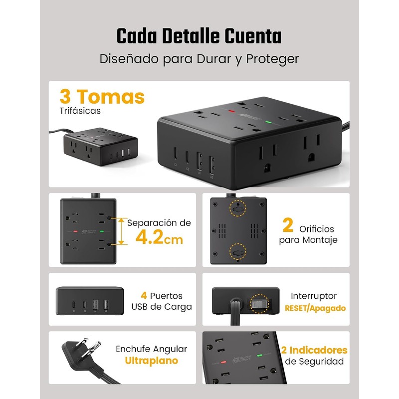 SUPERDANNY 12 En 1 Regleta Multicontacto 3 Metros Enchufe Plano,