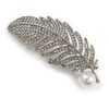 Clear Crystal White Pearl Feather Brooch/Pendant In Silver Tone -