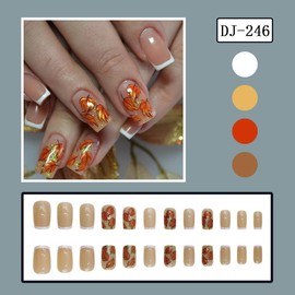 24Pcs Fall Press on Nails Medium Square Orange Fake Nails with Maple Leaves Designs Autumn French Tip False Nails Glitter Acrylic Glue on Nails Natural Stick on Nail for Women Manicure