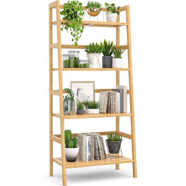 Homykic Bamboo Bookshelf 4-Tier Ladder Shelf, 49.2” Freestanding Open Bookcase Book Shelf Bathroom Storage Shelf Unit Plant Stand for Small Space, Bedroom, Living Room, Home Office, Natural