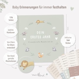 mintkind® Baby Album 'Mein Erstes Lebensjahr', Sage + Sticker Set | Baby Photo Album to Design Yourself | Baby Gift for Girls and Boys | Fill-in Baby Book | Baby Diary (German Language)
