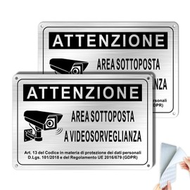 SINMAO Area Videosorveglianza Cartello Metallo Alluminio Spazzolato con Adesivo 22x15cm GDPR con fori Preforati Protezione UV 2 pezzi