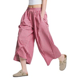 LOMON Womens Wide Leg Capri Pants Cotton Gingham Plaid Culottes Summer Elastic Waist Palazzo Trousers Bottoms with Pockets (Red White Plaid, XL)