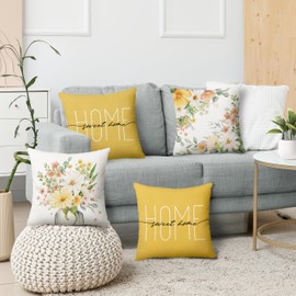 MEHOFOND Spring Pillow Covers 18x18 Inch Set of 4 Home Sweet Home Floral Throw Pillow Covers Outdoor Decor Farmhouse Yellow Pillowcase Cushion Case for Sofa Couch