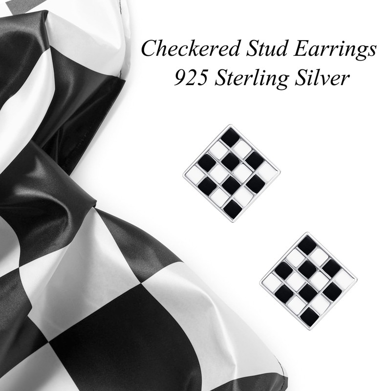 URONE Checkered Earrings 925 Sterling Silver Black and White Checkered