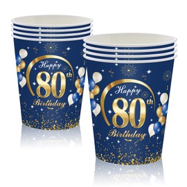 MORAINJAY 16Pcs Birthday Cups for 80,9oz/250ml Navy Blue Paper Cups for 80th Birthday Party,Party Cups for Men Women Her Him,Birthday Party Supplies Table Decor