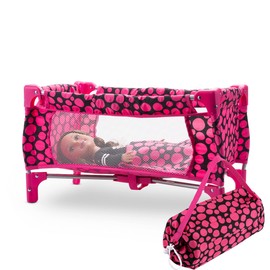 Baby Doll Crib Set for Toddlers 3 Years and up, Pack n Play Doll Bed Toy Crib for Baby Dolls with Free Carry Along Bag, Pink and Black Polka Dots Design for Kids