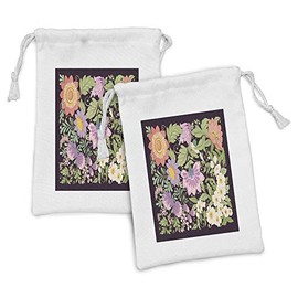 Ambesonne Vintage Fabric Pouch Set of 2, Blooming Flowers Nostalgia on Dark Background, Small Drawstring Bag for Toiletries Masks and Favors, 9" x 6", Dark Brown Multicolor