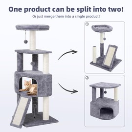 HUITREE 45in Cat Tree Tower with Big Condo for Indoor Kitten,Cat Tower with Scratching Post,Scratching Board and Cat Toys,Multi-Level,Small Space,Transformer Cat Tree, Grey(New)