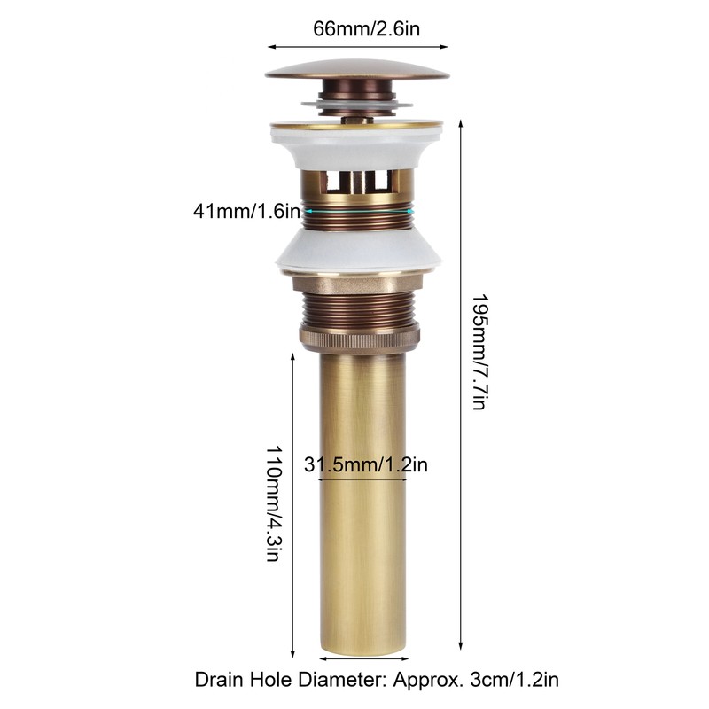 Brass Popup Drain Stopper Bathroom Basin Sink Draining Without Overflow