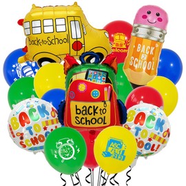 21pcs Back to School Balloons Party Decorations - 28 Inch Foil School Classroom Balloons Bus/Pencil Designs + 12 Inch Latex Balloons for Classroom Party Decor