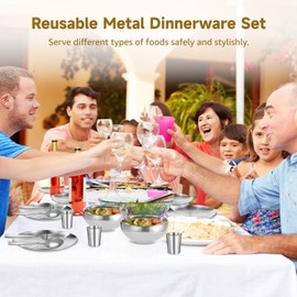 30 Pcs Stainless Steel Dinner Set, Includes 6 Plates, 6 Bowls, 6 Cups, 6 Forks, and 6 Spoons, Reusable Metal Dinnerware Set, Kitchen Tableware Set for Home, Outdoor, and Parties