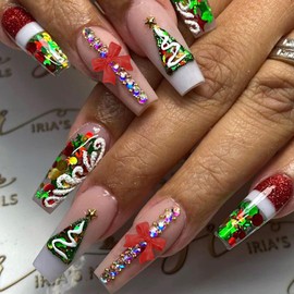 Christmas French Tip Press on Nails Long Ballet Fake Nails with Christmas Tree Hat Designs Glitter 3D Bow Rhinestones False Nails Winter Xmas Glue on Nails Artificial Stick on Nails for Women Girls 24
