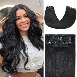 Honsoo Black Clip in Hair Extensions Real Human Hair Natural Black 70g 7pcs 15Inch Straight Real Clip in Natural Hair Extensions For Black Women