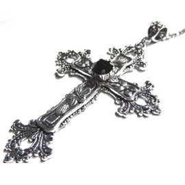 Large Gothic Cross Necklace silver-tone pendant with black glass stone, on 24" steel chain