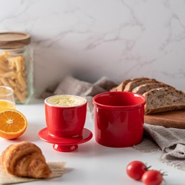 Husfunov Butter Crock with Water Line for Countertop, French Butter Dish with Lid, Ceramic Butter Keeper for Fresh Spreadable Butter, Butter Container Holder for Kitchen and Home Decor, Red