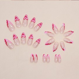 Press on Nails Almond Medium Nails Press ons Rose Red Heart French Tip Fake Nails Nude Full Cover Acrylic Nails Glossy False Nails with Stars Designs Glue on Nails for Women 24 Pcs