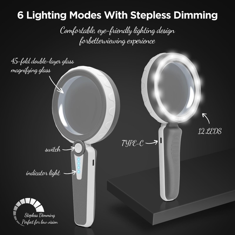 HUIBOER 45X Magnifying Glass with Light for Reading – Large