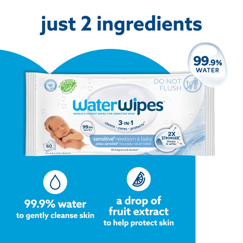 WaterWipes Sensitive+ Newborn & Baby Wipes, 3-In-1 Cleans, Cares, Protects,