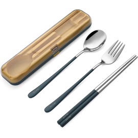 DEVICO Portable Utensils, Travel Reusable Silverware Flatware Set for Lunch, 18/8 Stainless Steel 4-Piece Camping Cutlery Include Fork Spoon Chopsticks with Case (Blue)