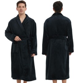 Fullove Mens Fleece Bathrobe with Shawl Collar,Soft Warm Knee Length -Mens' Plush Bathrobe- Soft Fleece Spa Bath Robe for Men (UK, Alpha, One Size, Regular, Regular, Balck)