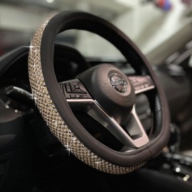 PINCTROT PINCTROT D Shaped Bling Comfy Steering Wheel Cover with Jumbo Crystal Rhinestones, Anti-Slip Diamond Leather, Flat Bottom 14.5-15 Inch (Gold)