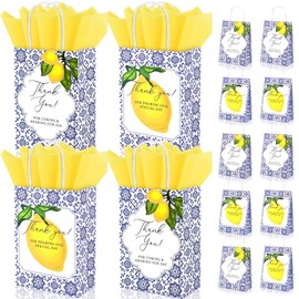 24Pcs Blue Tiles and Lemon Gift Bags with Yellow Tissue Paper,Mediterranean Morocco Style Thank You Gift Bags for Wedding and Bridal Shower Amalfi Coast Party Presents Decoration