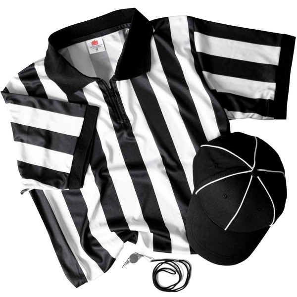 Referee Necessities Bundle - Black & White Striped Referee Jersey, Umpire Hat, and Stainless Steel Ref Whistle with Lanyard - Men's, Unisex Amateur Sports Football Costume Apparel (Small)