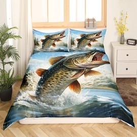 Feelyou Big Pike Fish Duvet Cover Hunting and Fishing Themed Bedding Set for Kids Boys Girls Underwater Animals Comforter Cover Soft Bedspread Cover Twin Size