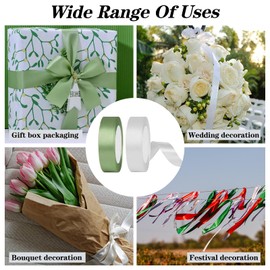 4 Rolls 22 m Satin Ribbon White Green 20 mm Wide Wedding Multi-Purpose Gift Ribbon White Green Reusable Gift Ribbon Wide Satin Ribbons for Sewing DIY Bouquet
