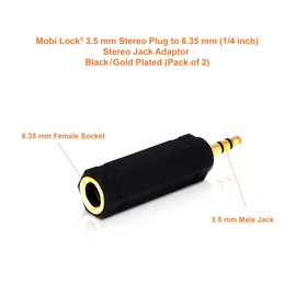 Mobi Lock 2pcs 3.5mm Plug to 6.35mm Socket - 1/8 to 1/4 in Stereo Audio Jack Adapter - Connects Devices with 3.5mm Port to Amplifiers, Guitar, Piano, Speakers & Mic that use 6.35mm Port