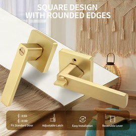 Moquin Privacy Gold Door Handle with Lock, Keyless Heavy Duty Square Interior Door Lever for Bathroom or Closet, Satin Brass