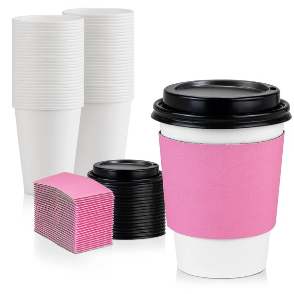 [500 Pack] 12 oz Paper Coffee Cups with Lids and Pink Sleeves, Disposable Coffee Cup, To Go Hot Cups with Black Dome Lids Leak Proof for Hot/Cold Beverages, Chocolate, Tea, Juice, Party, Business