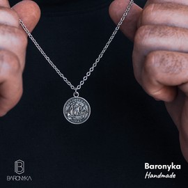 Baronyka Handmade Coin Pendant Necklace For Men, Silver Plated, Nautical Ship Boat Round Circle, 24" Chain with 2" Extension & Lobster Clasp