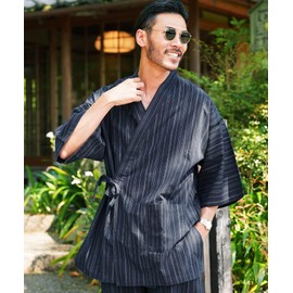 Jiggys Shop Jinbei Men's Top and Bottom Set, Jinbei, 100% Cotton, Kimono, Shijira Weave, Father's Day, Nightwear, Loungewear, Summer Clothing, Festivals, Fireworks, A Indigo Night Rain (Jinbei)