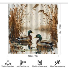 TIKRBMLB 4Pcs Vintage Wild Lake Shower Curtain, Mallard Duck Plant Shower Curtain Sets with Toilet Lid Cover, U-Shaped Mat and Non-Slip Rugs, Bathroom Decor Set, 72" x 72"