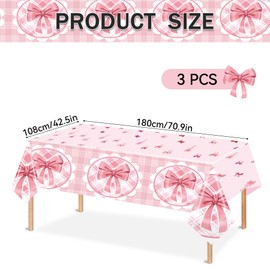Dmnnlp 3pcs Pink Bowknot Table Cloth, 180x108cm Pink Party Dining Tablecloth Plastic Table Cover for Girls Women Birthday, Baby Shower, Wedding, Kids Party Decorations