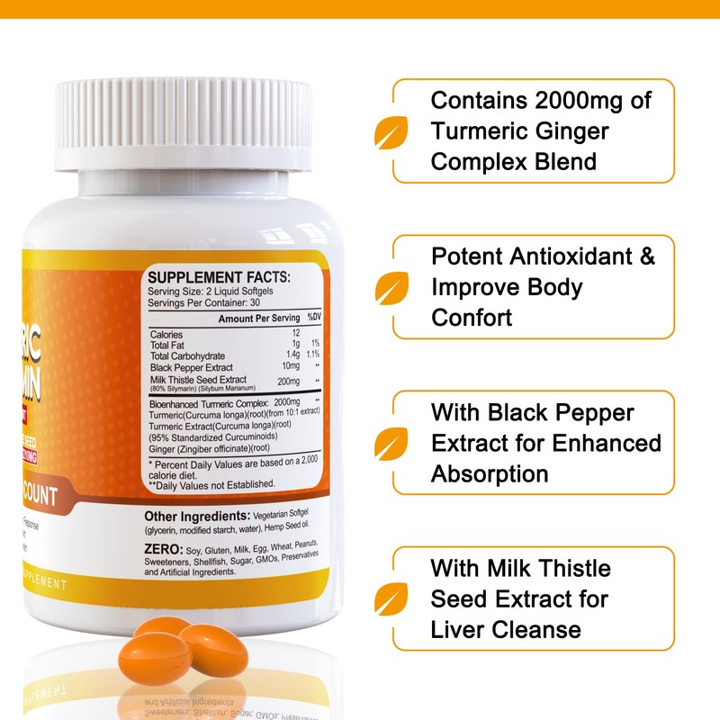 5 in 1 Turmeric Curcumin Softgels 2000mg with Milk Thistle