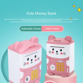 Children's Electronic Fingerprint Code Lock, Mini ATM Car Scroll Paper Money Piggy Bank One-Click Storytelling Machine with Music Light