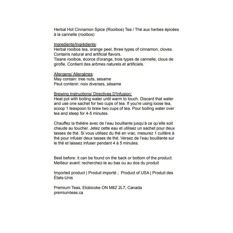 Harney & Sons Herbal Tea, Hot Cinnamon Spice, Caffeine-Free Rooibos,