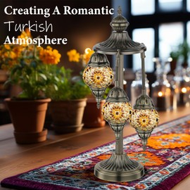 Marrakech Turkish Lamp 3 Globes Moroccan Table Lamp with Bronze Base, 23" Tall Handmade Yellow Tiffany Mosaic Glass Night Light Fixture Including LED Bulb for Living Room Bedroom Decor