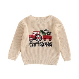 Siyova Baby Boys Girls Christmas Jumpers Knitted Sweaters Long Sleeve Letter Print Pullover Knitwear Toddler My First Christmas Outfits Winter Clothes (Beige Auto, 6-9 Months)