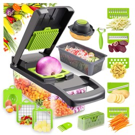 Cortador de Verduras, 16 en 1 Picador de Verduras con 7 Cuchillas de Acero Inoxidable, Rayadores para Verdura para Cocina, Ideal para Frutas, Verduras